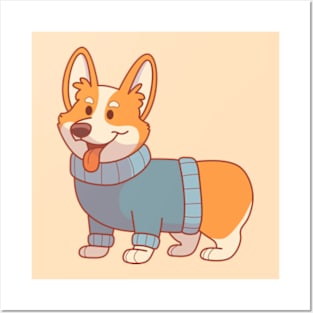 Corgi wearing a blue sweater Posters and Art